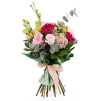 Buchet de 7, Trandafiri, Peach, 3, Gerbera, Mov, 2, Gerbera, Roz, 3, Floare de orez, 2, Lisianthus 2